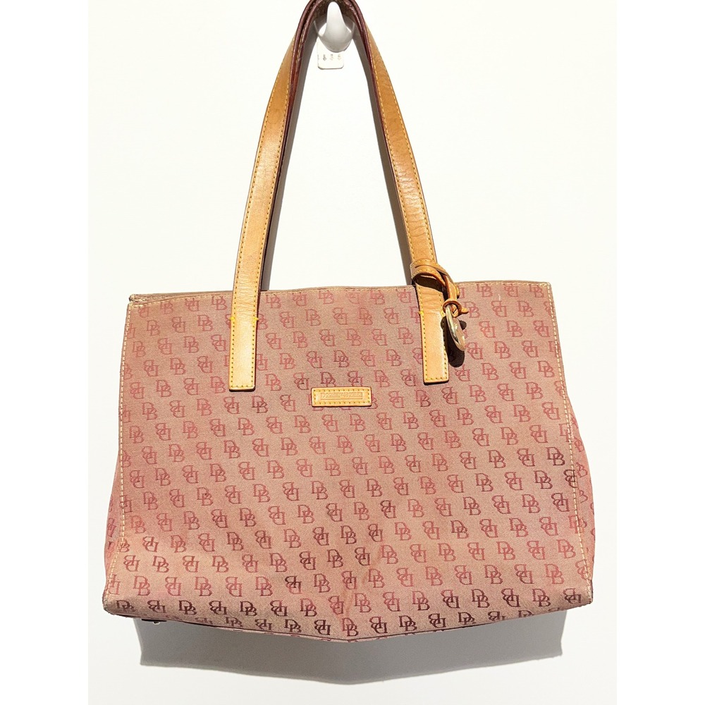 Dooney & Bourke Monogram Canvas Tote Bag Mauve Burgundy Leather Trim